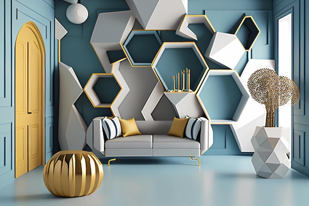 3d room interior design with geometric shapes generative ai