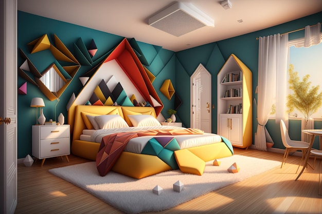 3d room interior design with geometric shapes