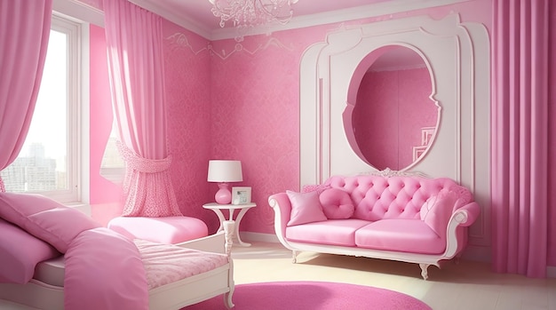 3d room interior design with pink motifs