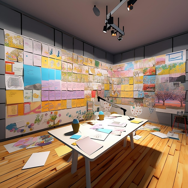 다양한 메모 포스트잇과 스티커로 가득 찬 화이트보드로 벽을 만든 3D 방