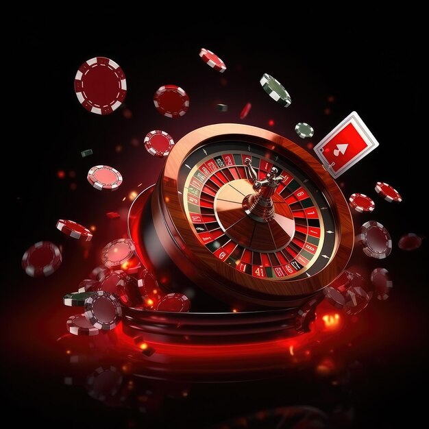 Photo 3d roulette composition with poker cards an fly casino chip on dark background
