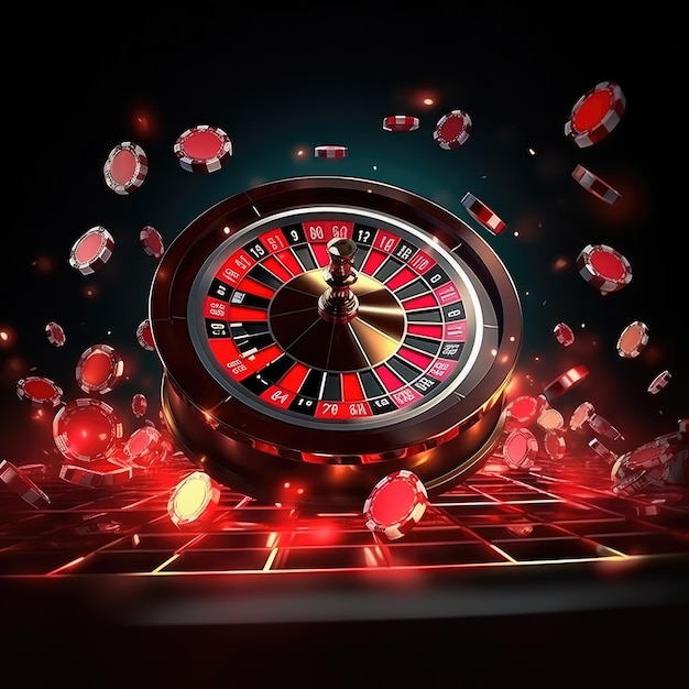 3d roulette composition with poker cards an fly casino chip on dark background