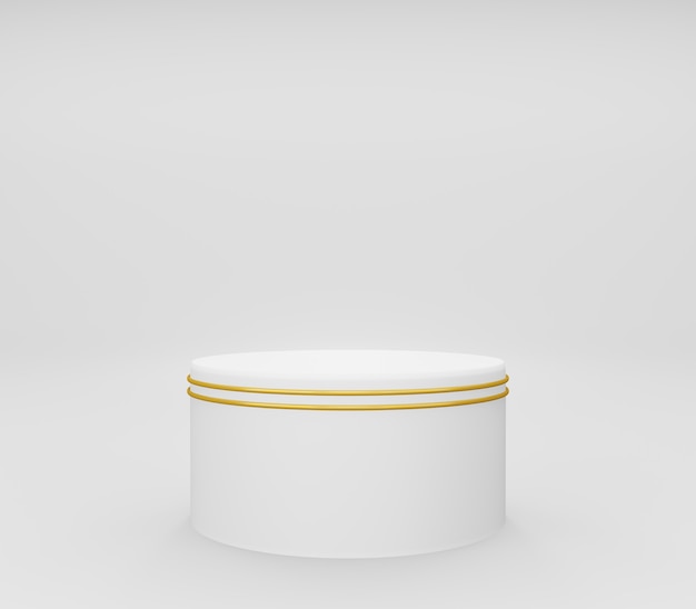 3d round podium or pedestal with gold rings, white empty studio room, minimal product background, template mock up for cosmetic display, geometric shape, luxury concept