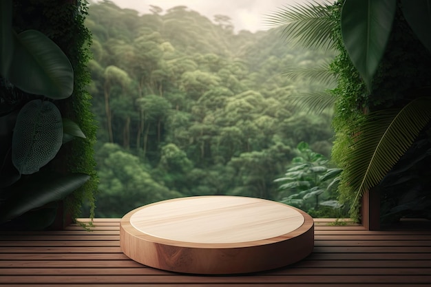 3D Round Wooden Podium Stage Product With ForestTheme Generated AI