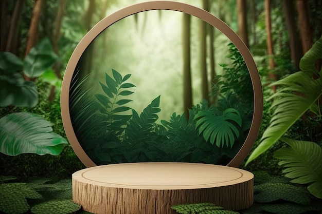 3D Round Wooden Podium Stage Product With ForestTheme Generated AI