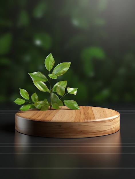 Photo 3d round wooden podium with plant leaves background for product showcase