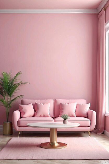 3D roze bank interieur op pastel achtergrond abstract met tafel in studio woonkamer huis 3D rendering front view voor