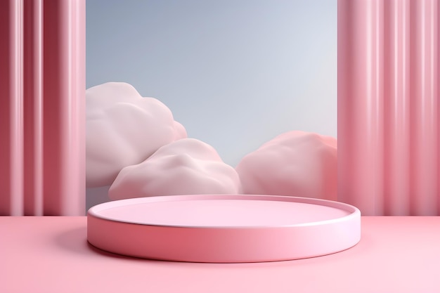 Foto 3d roze cilinderstandaard podium voor weergaveproduct met abstracte wolkenachtergrond