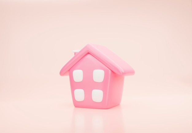 3D-roze huisje op beige achtergrond Cartoon pictogram minimale stijl Concept van het kopen van een huis verkopen