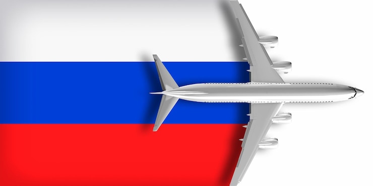 Фотография 3d российский флаг с летающим над ним самолетом