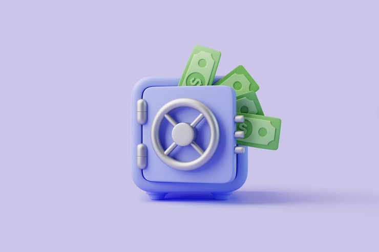 Photo 3d safe with cash sticking out illustration