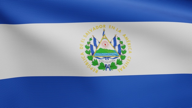 3D, Salvadorean flag waving on wind. Close up of Salvador banner blowing, soft and smooth silk. Cloth fabric texture ensign background.