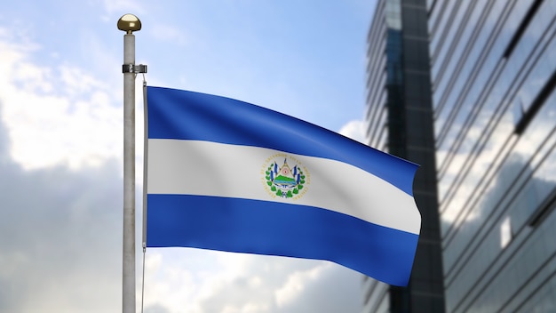 3D, Salvadorean flag waving on wind with modern skyscraper city. Salvador banner blowing smooth silk. Cloth fabric texture ensign background. Use it for national day and country occasions concept.