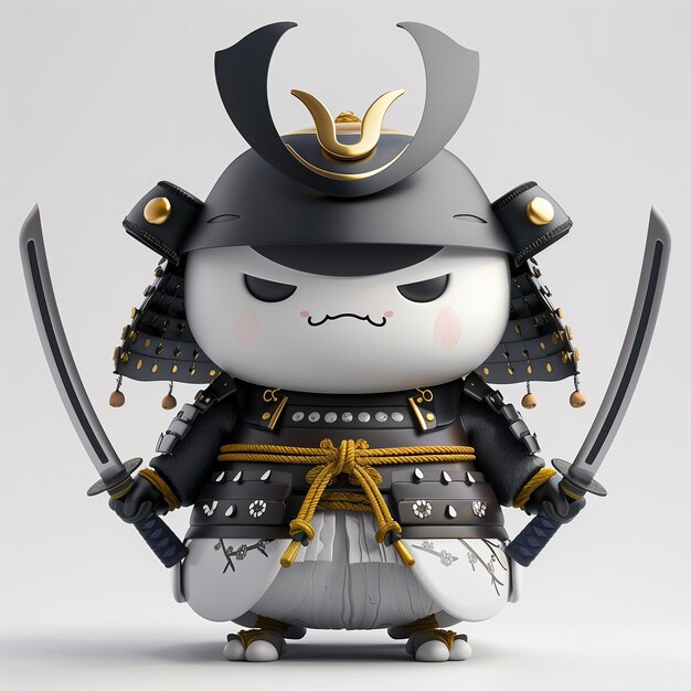 3D samurai personage in een zwarte kimono met katanas op een witte achtergrond