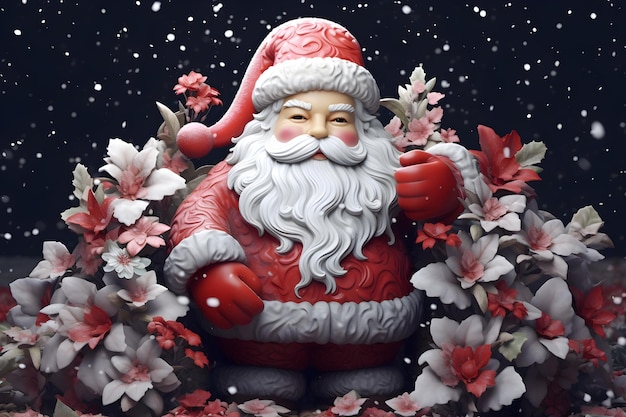 3D Sanata Claus with Flowers in Snowfall Ai Generated