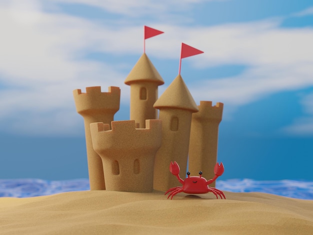 Castello di sabbia 3d sulla spiaggia con granchio rosso carino