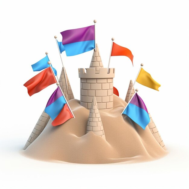 3D sandcastle with colorful flags