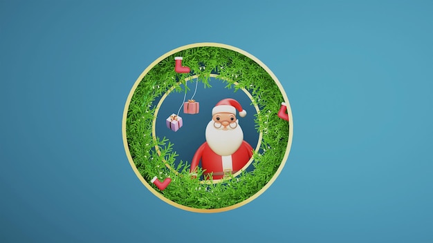 3d santa claus character with gift boxes hang wool sock fir\
leaves lighting garland decorated circular shape blue background\
and copy space