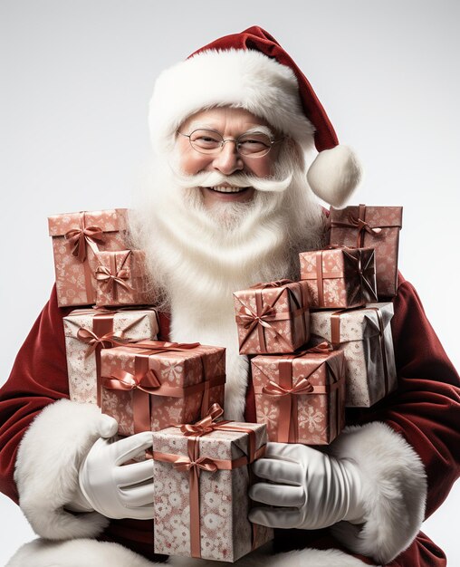 Photo a 3d santa claus with some gift boxes on transparent white background