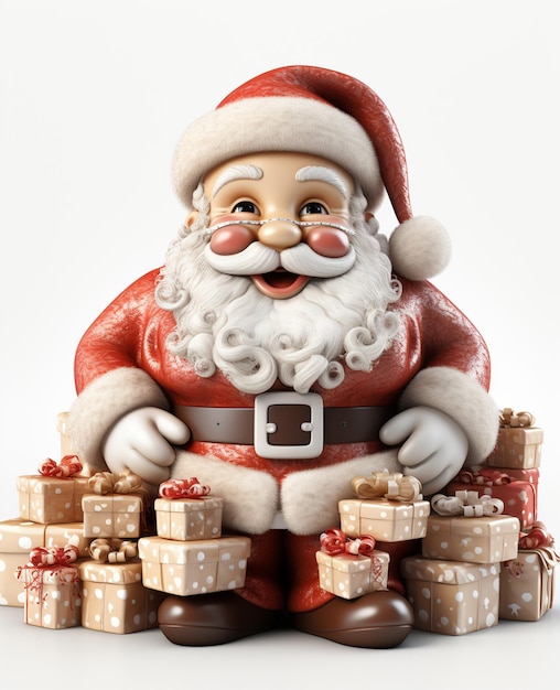 A 3d santa claus with some gift boxes on transparent white background