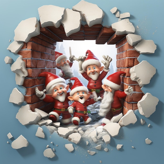 3D サンタ・エルフとプレゼント 突破口の壁の穴