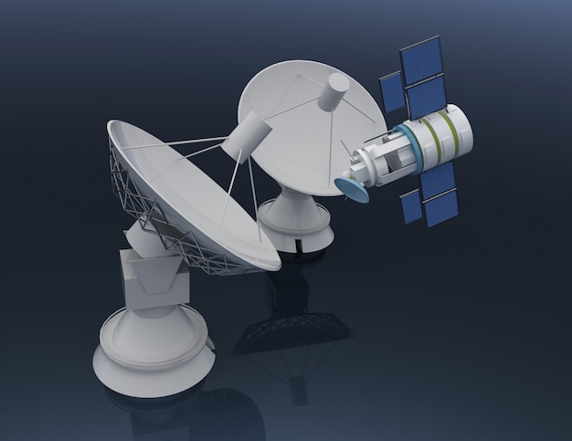 3D-satellietschotel. Communicatie 3D-gerenderde afbeelding