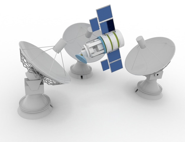 3D-satellietschotel. Communicatie 3D-gerenderde afbeelding