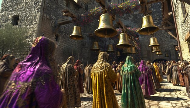 Photo a 3d scene of bell ringers participating in an easter sunday bell ringing ceremony