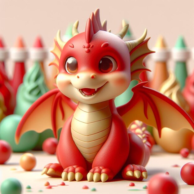 Photo 3d scene of cute smiling dragon red gold and green colors