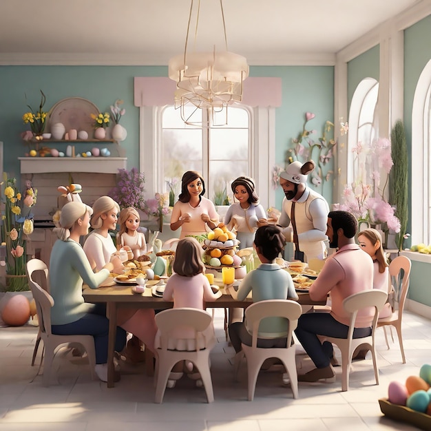 A 3D scene depicting a family gathering for Easter brunch