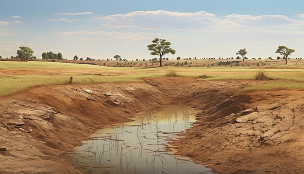 a 3D scene depicting the juxtaposition of a droughtaffected area and a wellwatered field