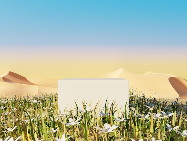 3d scene of flowers and plants with Podium stand on Surreal Desert natural landscape background