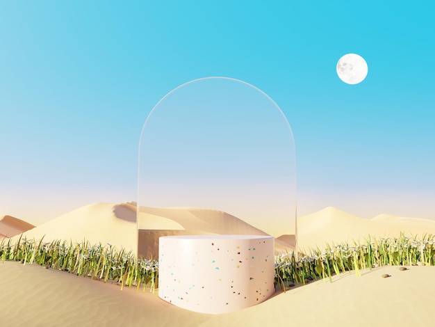 3d scene of flowers and plants with Podium stand on Surreal Desert natural landscape background