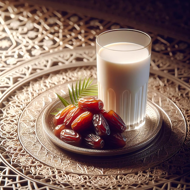 3D scene Milk glass date on table symbolizes the end of Ramadans fast Sunrise backdrop exudes p