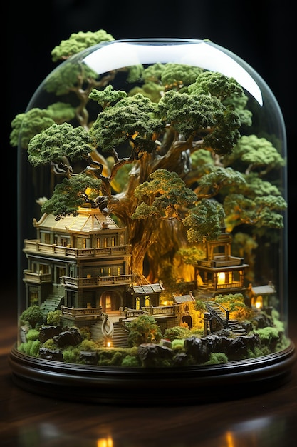 3D scene miniature bonsai style Basketball court Futurism metal material glass material