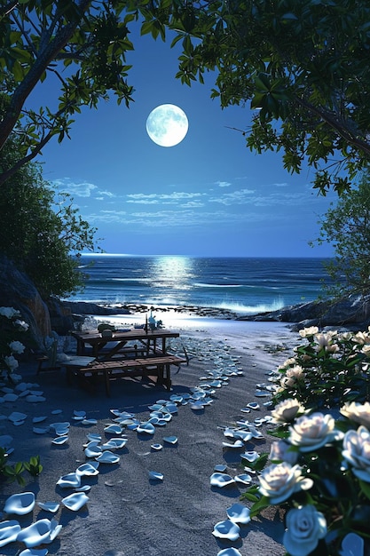 Photo a 3d scene of a moonlit beach