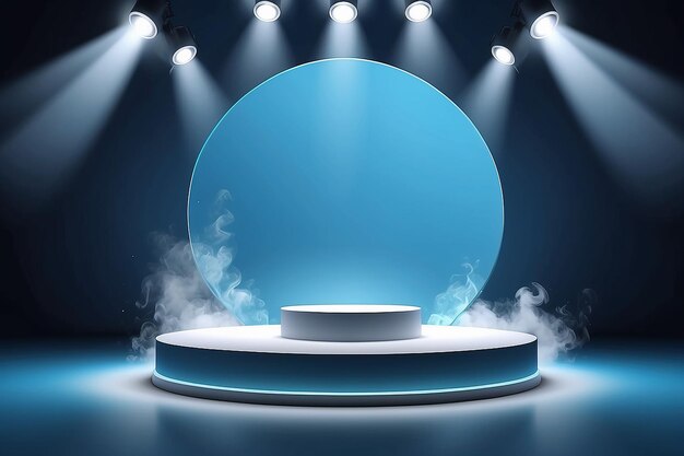 Photo 3d scene with display podium template for products presentation promotion or award ceremony realistic circular pedestal illuminated by spotlights on blue background with smoke vector illustration