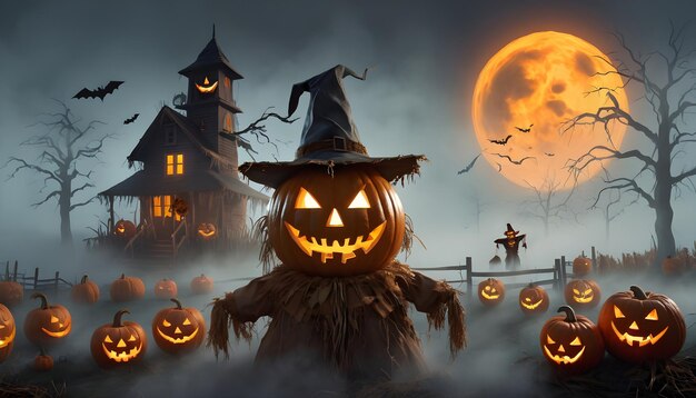 a 3D scene with a jack o lantern atop a scarecrow surrounded by fog