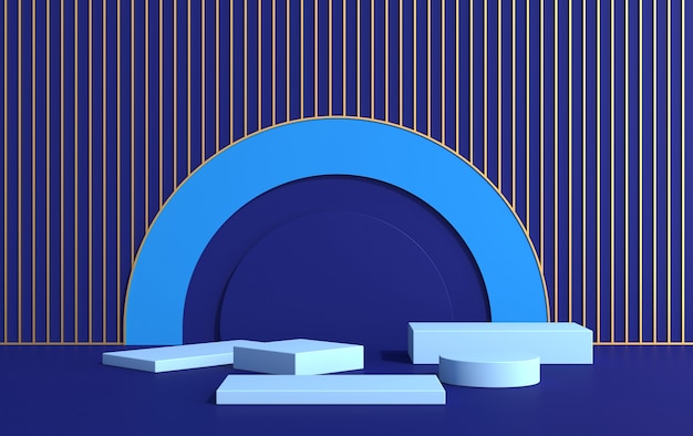 Фото 3d сцена с подиумами для демонстрации продукции в стиле арт-деко, в синих тонах, 3d рендер