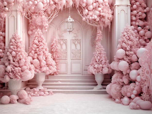 A 3d scene with trees and pink balls and a building with a door that says " pink ".