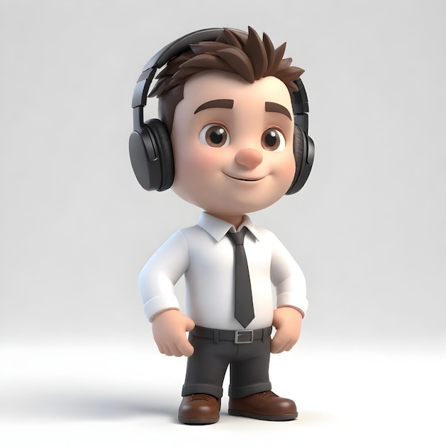 3D schattig jong zakenman personage hoewel koptelefoon op witte achtergrond