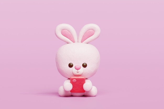 3D schattig konijn kijken op smartphone Cartoon dier personage 3D rendering.