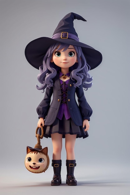 3d schattig meisje draagt halloween heksenjurk