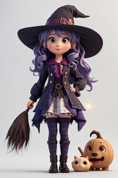 3d schattig meisje draagt halloween heksenjurk