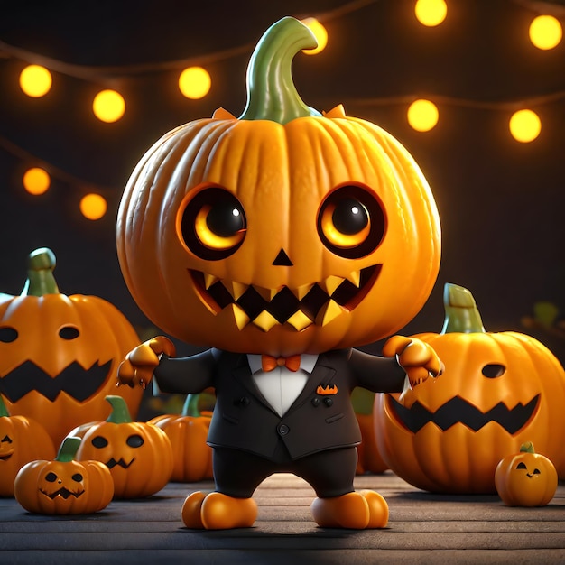 3d schattig pompoenmonster in formele suito op halloween