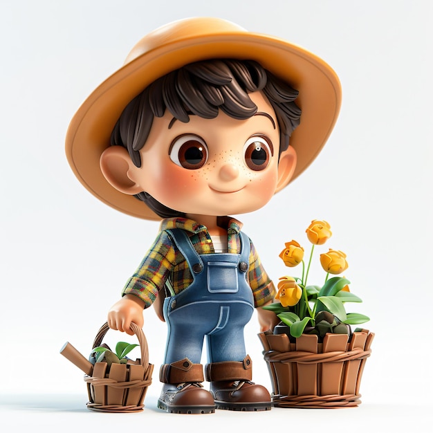 3D schattig tuinman personage met tuingereedschap