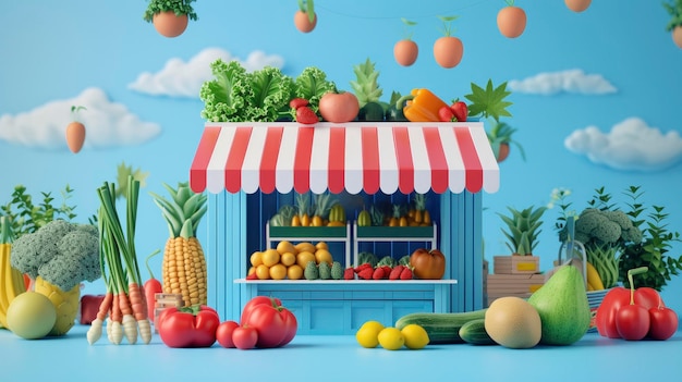 3D schattig vers voedsel concept Pop Up Shop met speelse groenten en fruit die het dak versieren