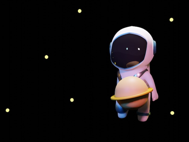 3D-schattige astronaut kick planeet met zwarte achtergrond