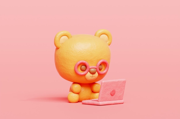 3D schattige beer werkt op een laptop Cartoon dier personage 3D-rendering