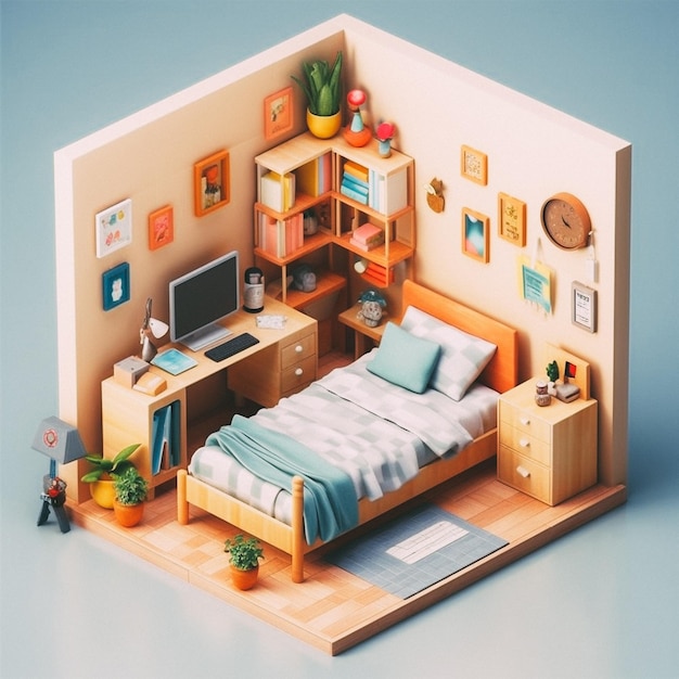 3D schattige isometrische slaapkamer